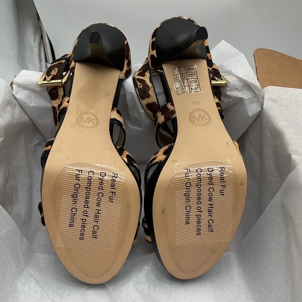 Michael Kors Leopard Calf Hair Platform Sandals Brown‎ Black Stiletto Heels 8M